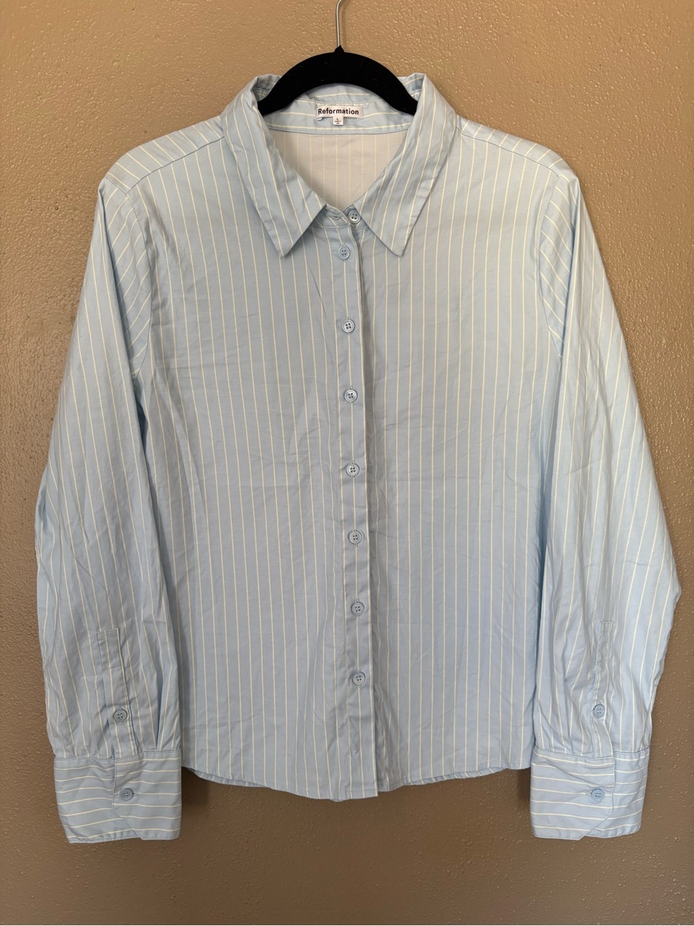 Reformation Pale Blue White Pinstriped Button-Down Shirt
